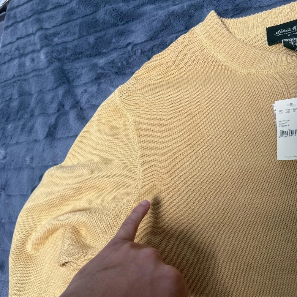 Eddie Bauer Sweater Mens Large Yellow Cotton Henley Crewneck Knit Pullover - Picture 2 of 9